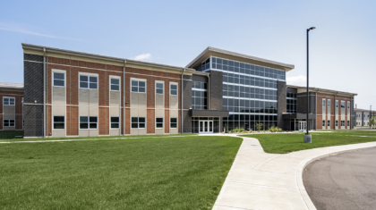 A panoramic front angle of an educational facility constructed by Miller Diversified