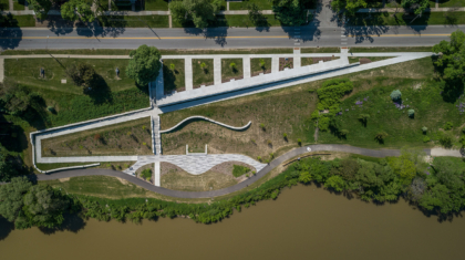 An aerial view of a river walk at Riverside Park in Perrysburg, Ohio
