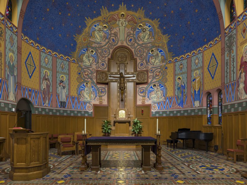 A panoramic view of St. Aloysius Catholic Church's historic mural, which was restored with the support of Miller Diversified Construction