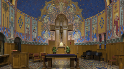 A panoramic view of St. Aloysius Catholic Church's historic mural, which was restored with the support of Miller Diversified Construction