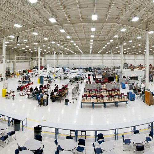 A panoramic view of a large educational facility interior, Miat College of Technology, on of Miller Diversified's many educational construction projects