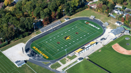 An aerial view of Sylvania Northview / Lourdes track and football field construction project by Miller Diversified