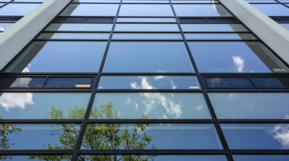 A closeup angle of the windows installed by the commercial construction team at Miller Diversified