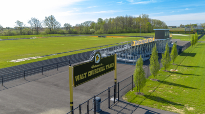Aerial view of the entrance which reads "Walt Churchill Track" from the Perrysburg High School Track Commercial Construction Project